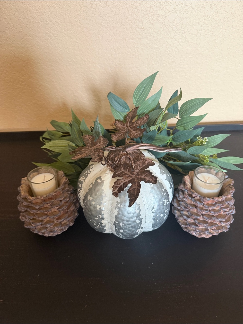 Rustic Farm house textured silver & rust pumpkin  & pinecone candle holders